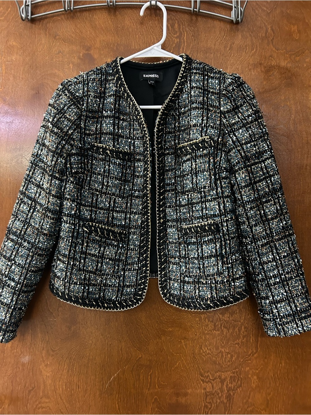 Express Black & Multicolor Tweed Collarless Blazer